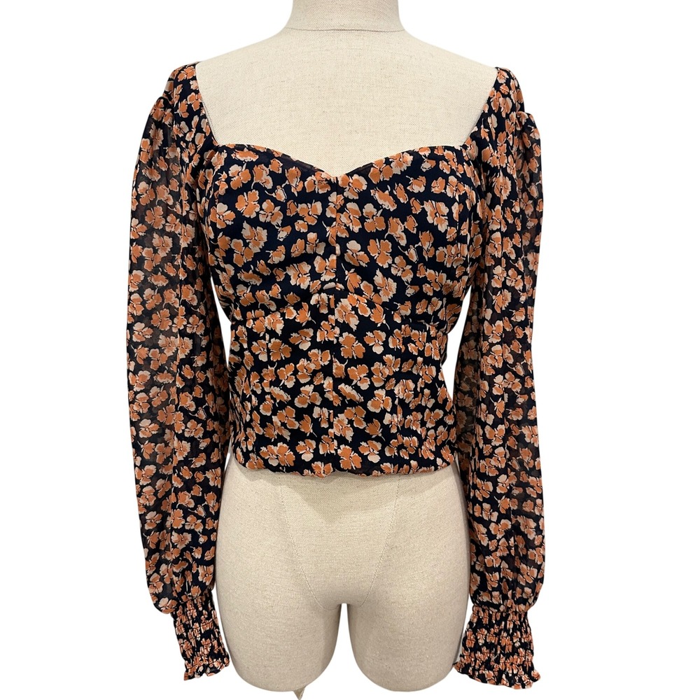 Abercrombie & Fitch Navy Orange Floral Smocked Back Sweetheart Crop Top Medium